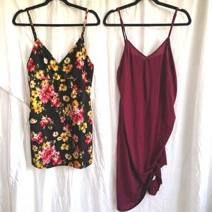 2XL Dresses Set Y2K Coquette Floral Dress + Burgundy Satin Side Tie Cottagecore